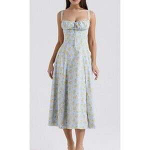 Floral Midi Dress in Blue and Yellow